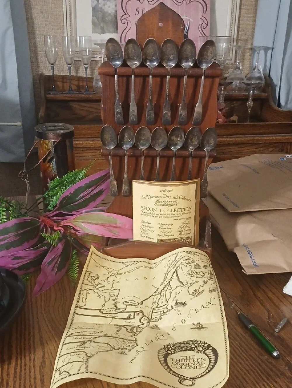 Wood Spoon Rack with Decorative Spoons - Silver Tone